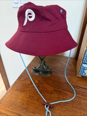 Burgundy Bucket Hat with Light Blue Chin Cord and White PhillyEmbroidered Accent